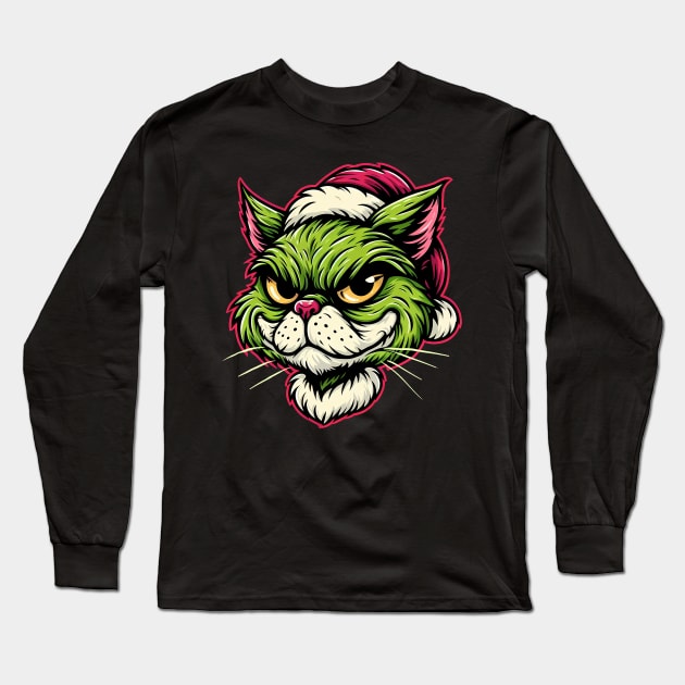 Cute Cat as The Grinch on Christmas Long Sleeve T-Shirt by cowyark rubbark